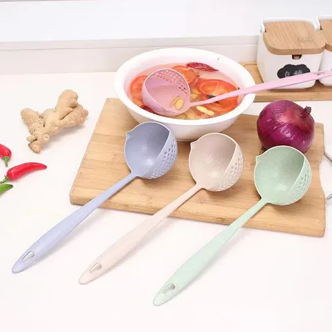 Wheat Straw Plastic Soup Colander 2-in-1 Long Handle Kitchen Cooking Spoon With Side Drain Hole For Hot Pot Home