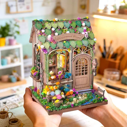 Whisperwood Blooms DIY Μινιατούρα Ξύλινο Σπίτι Λουλουδιών Μοντέλο Κιτ LED Φως Φωνητικός Έλεγχος Χειροποίητο Χόμπι Δώρο