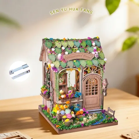 Whisperwood Blooms DIY Μινιατούρα Ξύλινο Σπίτι Λουλουδιών Μοντέλο Κιτ LED Φως Φωνητικός Έλεγχος Χειροποίητο Χόμπι Δώρο