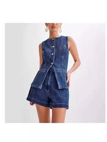 Ensemble Gilet et Short en Denim Décontracté pour Femme Sans Manches Tissu Denim Haut et Bas Couleur Unie Tenue Streetwear Mode