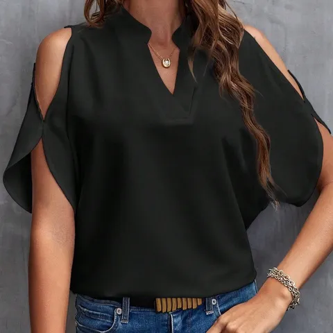Women Casual V Neck Cold Shoulder Short Sleeve T Shirt Fashion Elegant Solid Color Loose Fit Pullover Summer Top