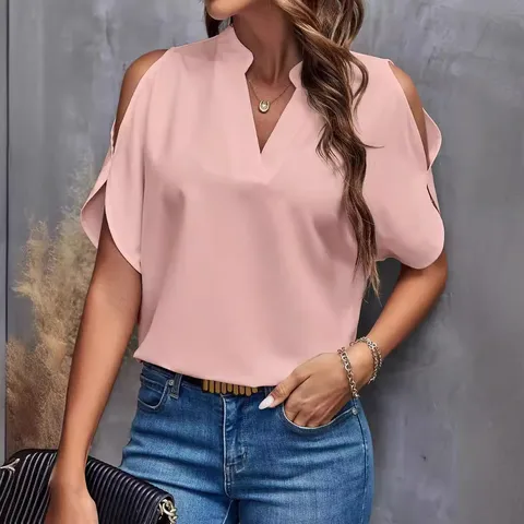 Women Casual V Neck Cold Shoulder Short Sleeve T Shirt Fashion Elegant Solid Color Loose Fit Pullover Summer Top