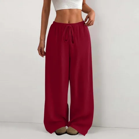 Women's Casual High Waist Wide Leg Pants Solid Color Loose Drawstring Crinkled Long Trousers Commuter Daily Wear