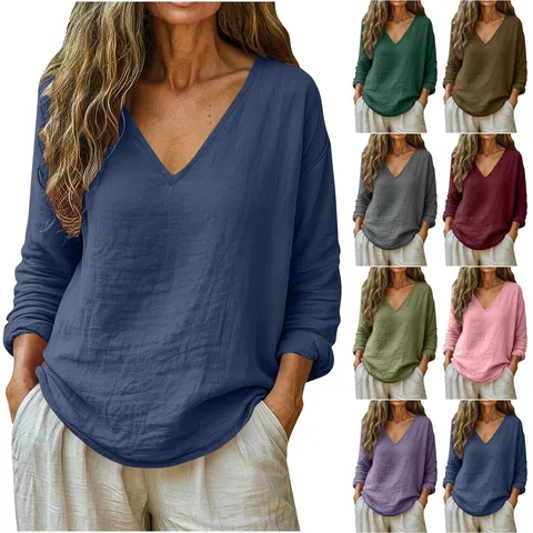Camicetta Casual a Manica Lunga con Scollo a V da Donna Vintage Tinta Unita Largo Pull Top Elegante Quotidiano Ufficio Abbigliamento