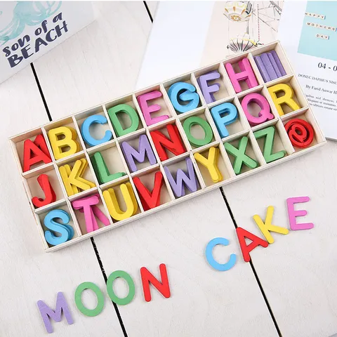 Colorful Wooden English Alphabet Letters In Partitioned Box Early Educational Learning Toy For Children DIY Ornaments