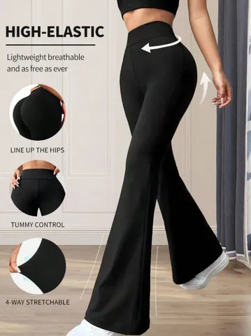 Damen Casual Hohe Taille Schlag Yoga Hose Einfarbig Elastisch Bootcut Trainingshose Sport Activewear Unterteil