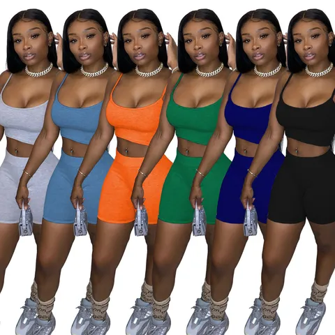 Women Casual Solid Color Sleeveless Crop Top And Shorts Two Piece Set Slim Fit Basic Activewear Outfit