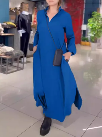 Women's Casual Long Sleeve V-Neck Solid Color Loose Maxi Dress Autumn High Waist Elegant Commuting Long Dress