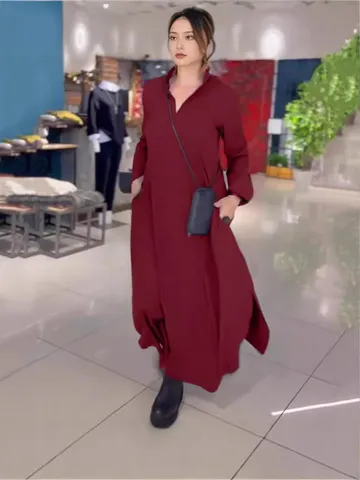 Women's Casual Long Sleeve V-Neck Solid Color Loose Maxi Dress Autumn High Waist Elegant Commuting Long Dress