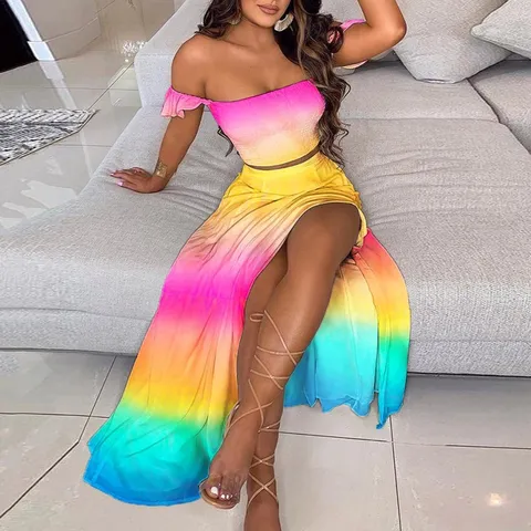 Women Summer Slim French Bohemian Printed Strapless Crop Top And High Split Long Skirt Two Piece Set Dress