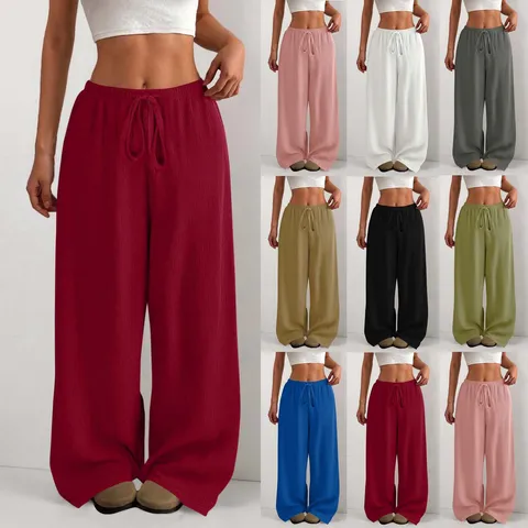 Women's Casual High Waist Wide Leg Pants Solid Color Loose Drawstring Crinkled Long Trousers Commuter Daily Wear