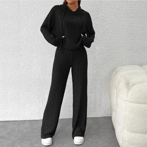 Women's Casual Knit Long Sleeve Hoodie And Pants Set Solid Color Loose Pullover Sweatshirt Two Piece Tracksuit