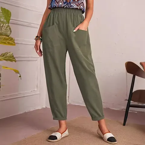 Women's Casual High Waist Cropped Pants Solid Color Elastic Waist Slim Fit Ankle Length Pants Fashion Commuter Trousers