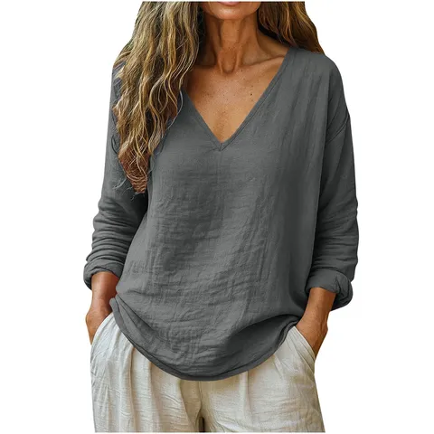 Camicetta Casual a Manica Lunga con Scollo a V da Donna Vintage Tinta Unita Largo Pull Top Elegante Quotidiano Ufficio Abbigliamento