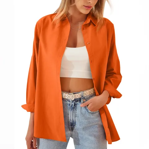 Γυναικείο Casual Μακρύ Μανίκι με Κουμπιά Cardigan Πουκάμισο Μονόχρωμο Φαρδιά Γραμμή Γυριστό Κολλάρο Βαμβακερή Μπλούζα Top