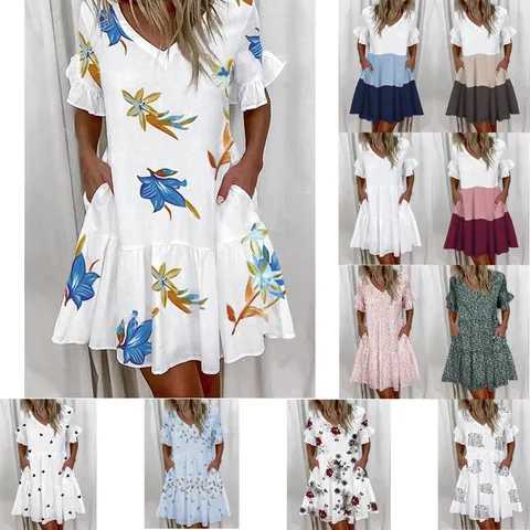 Women's Casual V-Neck Short Sleeve Floral Printed Ruffle Hem Flared Midi Dress Summer Commuter Apparel