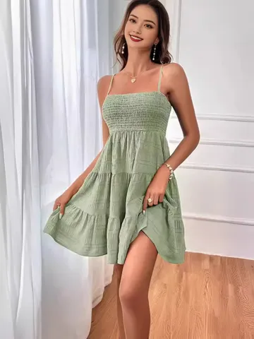 Women's Summer Casual One-Shoulder Spaghetti Strap Solid Color Textured Smocked Tiered Mini Dress Beach Party Dress