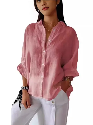 Women's Casual Long Sleeve Turn Down Collar Loose Fit Button Down Blouse Solid Color Fashion Daily Shirt