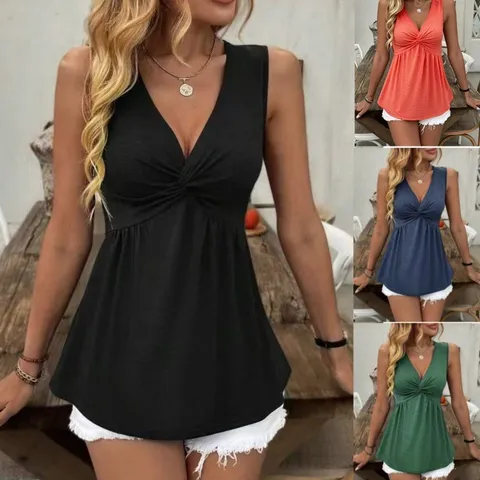 Women Casual V-Neck Sleeveless Tank Top Solid Color Slim Fit Pleated Twist Front Summer Basic Vest Top