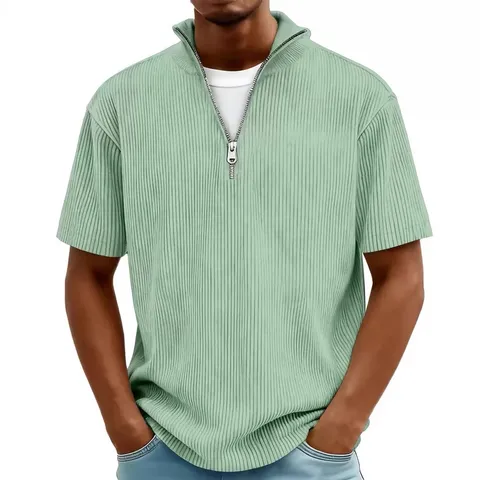 Men's Casual Solid Color Henley Zipper Short Sleeve T-Shirt Stand Collar Regular Fit Summer Knitwear Top