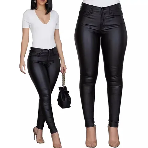 Women Casual PU Leather Pants Slim Fit Skinny Long Trousers High Waist Faux Leather Pencil Pants Fashion Streetwear