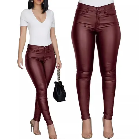 Women Casual PU Leather Pants Slim Fit Skinny Long Trousers High Waist Faux Leather Pencil Pants Fashion Streetwear