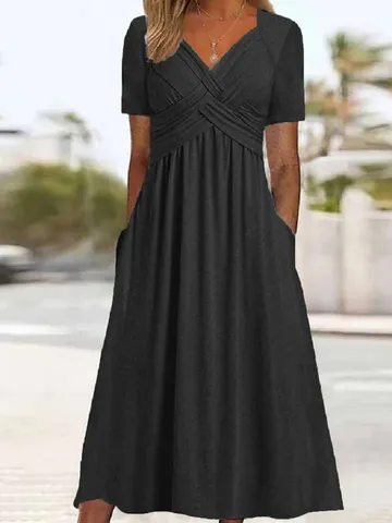 Women Casual Solid Color Short Sleeve V-Neck Cross Pleated High Waist Flare Midi Dress Elegant Commuter Daily Wear