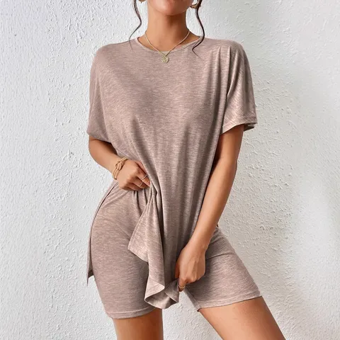Women's Casual Solid Color Batwing Sleeve Crew Neck Slit Top And Tight Shorts Set Comfortable Daily Wear