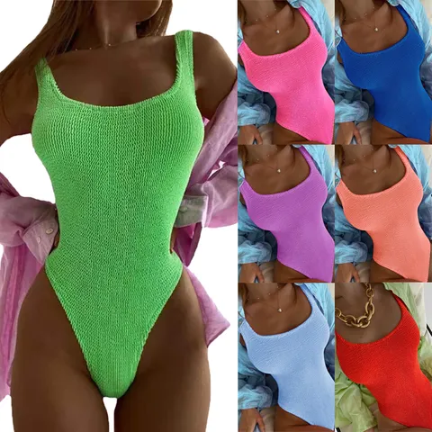 Women's One-Piece Swimsuit European and American Crinkle Fabric Wave Stripe Candy Color High Cut Swimwear