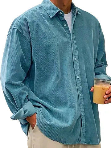Men Casual Corduroy Long Sleeve Shirt Vintage Loose Fit Button Down Turn Down Collar Solid Color Fall Winter Top