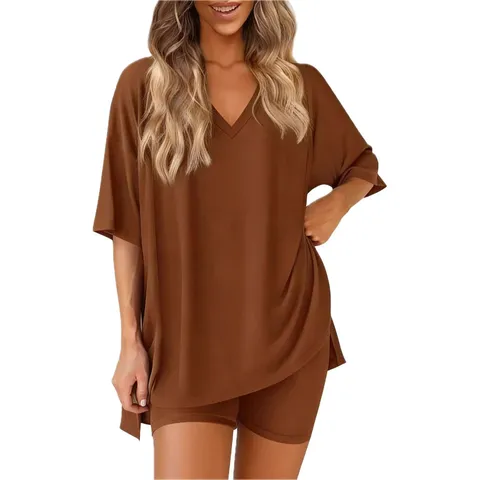 Set Pigiama Casual da Donna con Collo a V Tinta Unita Top a Manica Corta e Pantaloncini Abbigliamento da Notte Estivo