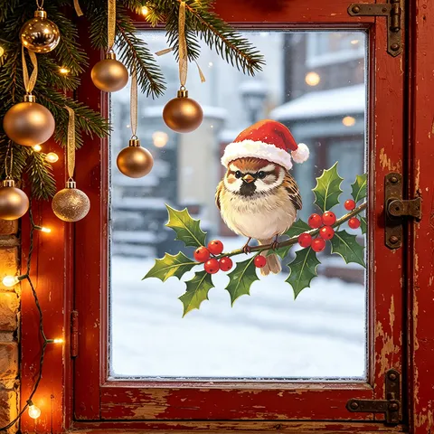 Christmas Bird Holly Branch Window Sticker UV Static Cling Glass Decal Holiday Home Decor Festive Wall Art Sticker
