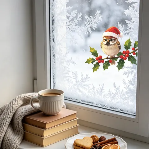 Christmas Bird Holly Branch Window Sticker UV Static Cling Glass Decal Holiday Home Decor Festive Wall Art Sticker