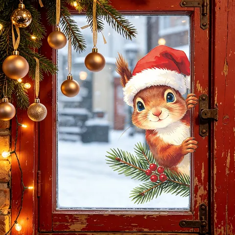 Christmas Cute Squirrel Window Cling UV Static PVC Wall Sticker With Red Hat And Pine Branch For Glass Cabinet Home Decor