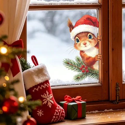 Christmas Cute Squirrel Window Cling UV Static PVC Wall Sticker With Red Hat And Pine Branch For Glass Cabinet Home Decor
