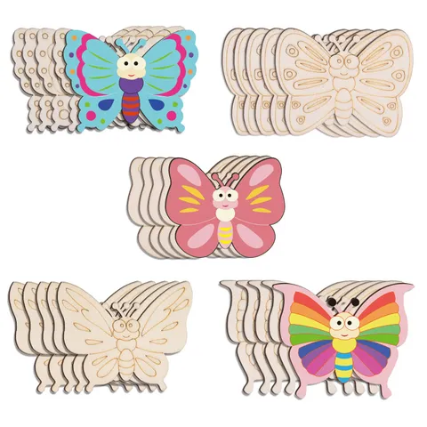 9 Pièces DIY Papillon Et Fleurs En Bois Inachevés Pour Enfants Peinture Artisanat Ornements En Bois Modernes Décoration De Maison