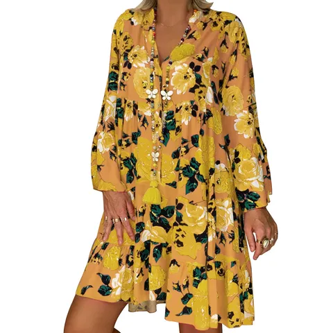 Women's Vintage Floral Print Long Sleeve Half Open Collar Midi Dress Casual Loose Swing Boho Dress Spring Summer Streetwear