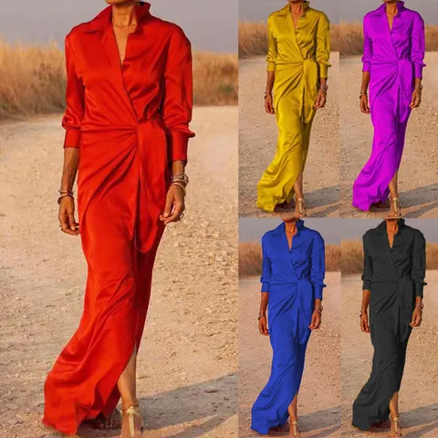 Women's Elegant Long Sleeve Lapel High Waist Split Maxi Jumpsuit Solid Color Satin Commuter Party Dress