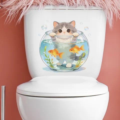 3D Cartoon Cat Toilet Sticker PVC Waterproof Self-Adhesive Wall Decals For Bathroom Home Decor Cute Animal Mural Sticker