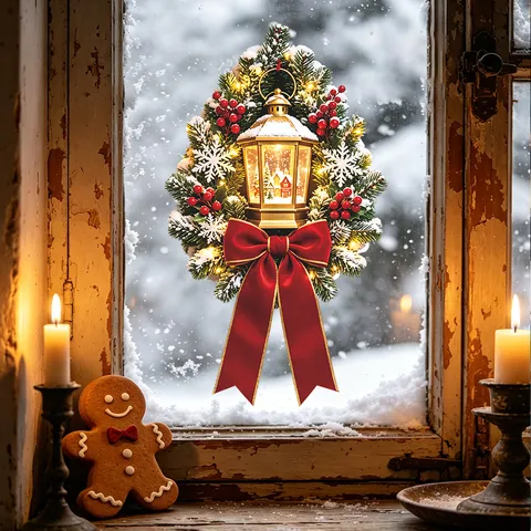 Christmas Wreath Golden Lantern Static Window Sticker UV Printed Removable PVC Glass Wall Decal For Holiday Home Decoration
