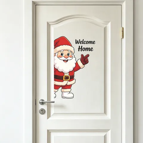 Cartoon Santa Claus Welcome Home Wall Sticker Christmas Festive Removable Waterproof PVC Home Decor Decal For Door Fridge