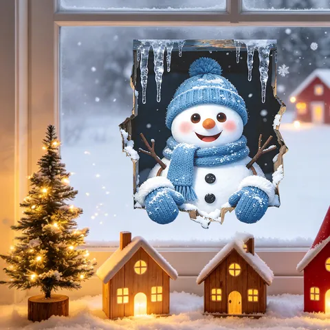 Christmas Cute Snowman 3D Window Cling UV Static PVC Glass Sticker Decorative Winter Icicle Wall Decal For Showcase Home Holiday Decoration
