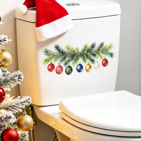 Christmas Pine Branch Colorful Baubles Toilet Sticker PVC Waterproof Wall Decal For Bathroom Home Festive Christmas Decor
