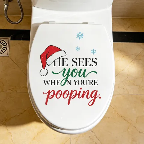 Christmas Funny English Slogan Toilet Sticker For Bathroom Home Decor PVC Waterproof Self Adhesive Wall Decal Santa Hat Snowflakes