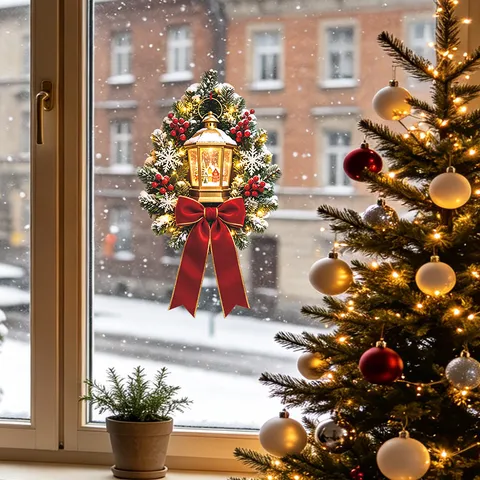 Christmas Wreath Golden Lantern Static Window Sticker UV Printed Removable PVC Glass Wall Decal For Holiday Home Decoration