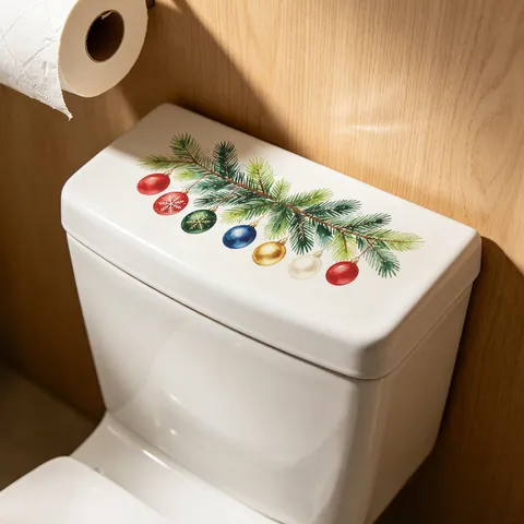 Christmas Pine Branch Colorful Baubles Toilet Sticker PVC Waterproof Wall Decal For Bathroom Home Festive Christmas Decor