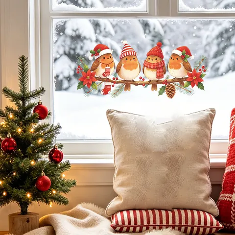 Christmas Robin Bird Pine Branch Window Clings Static PVC Wall Stickers UV Printed Xmas Home Decor Removable Window Decals