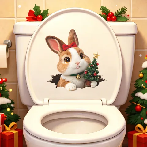 Christmas 3D Bunny Toilet Lid Sticker PVC Removable Self Adhesive Wall Sticker Cartoon Rabbit For Bathroom Home Decor