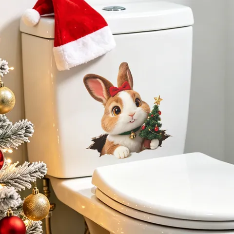 Christmas 3D Bunny Toilet Lid Sticker PVC Removable Self Adhesive Wall Sticker Cartoon Rabbit For Bathroom Home Decor