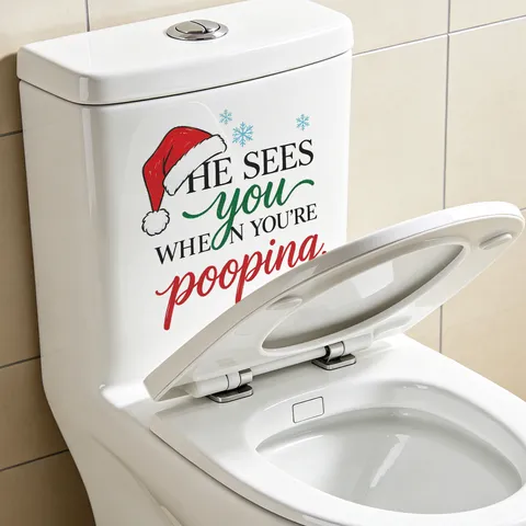Christmas Funny English Slogan Toilet Sticker For Bathroom Home Decor PVC Waterproof Self Adhesive Wall Decal Santa Hat Snowflakes